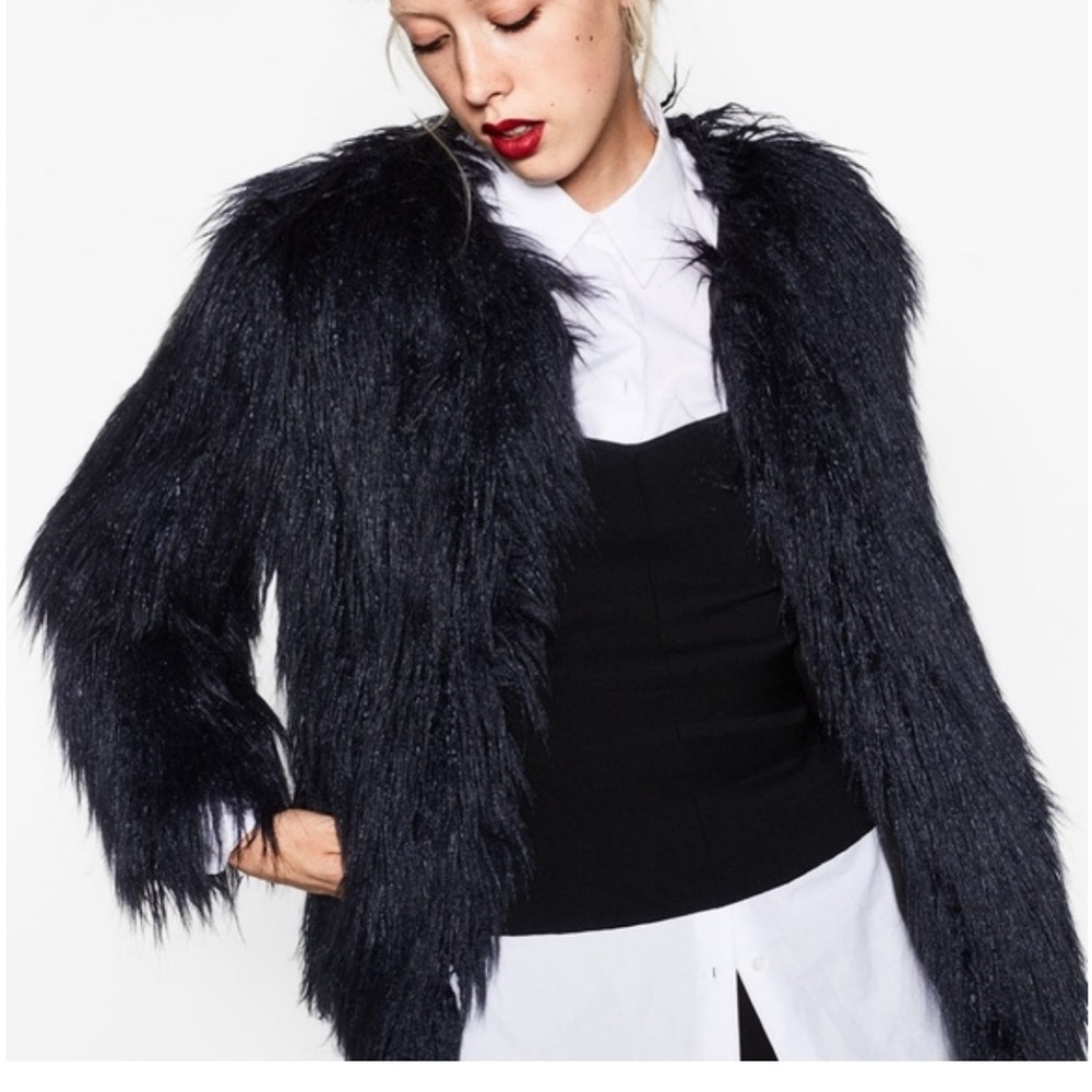 Zara Woman Navy Faux Fur Jacket